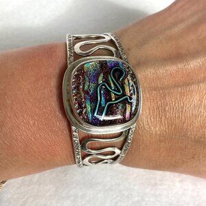 Sterling Silver 925 Artisan Carol Silrum Dichroic Glass Cuff Bracelet Sz 6.5"